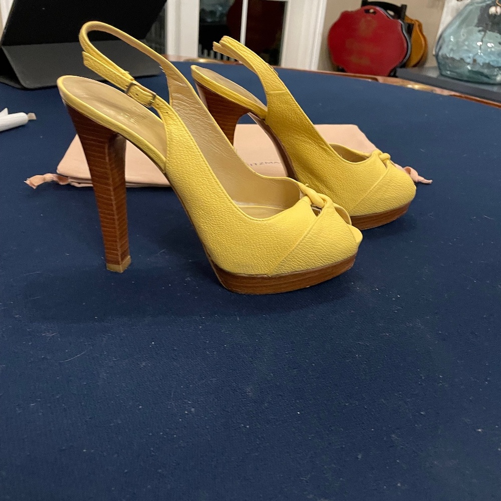 Stuart Weitzman Yellow Slingback Platform with Wood Heel - Size 6
